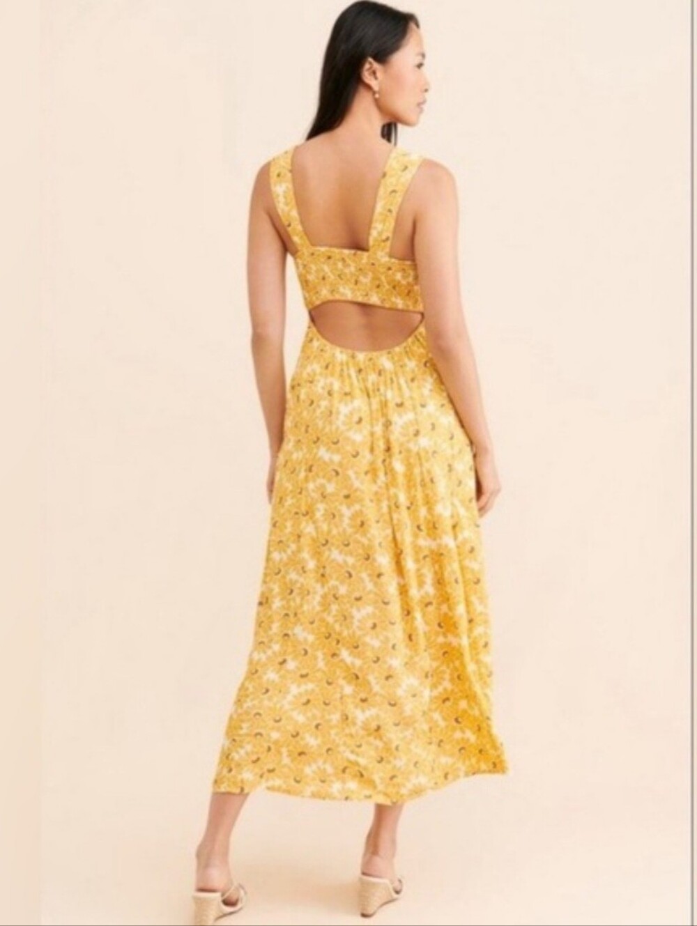 Free People Rosalee Yellow Floral Cutout Back Midi Dress - Size Medium - Picture 4 of 7